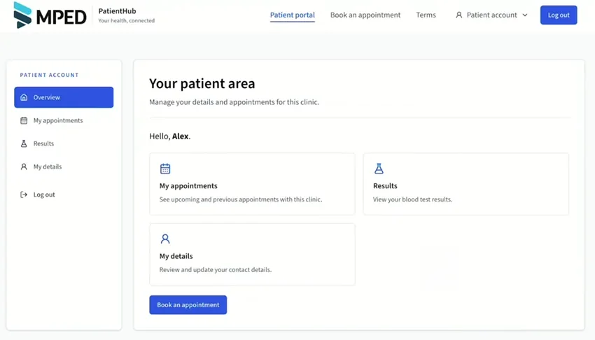 MPED PatientHub demo account with My appointments, Results and My details in the English patient portal